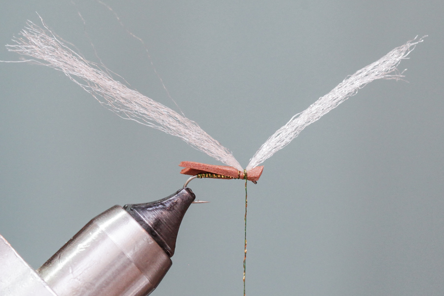 Tying in poly wing on simple 1mm foam caddis fly